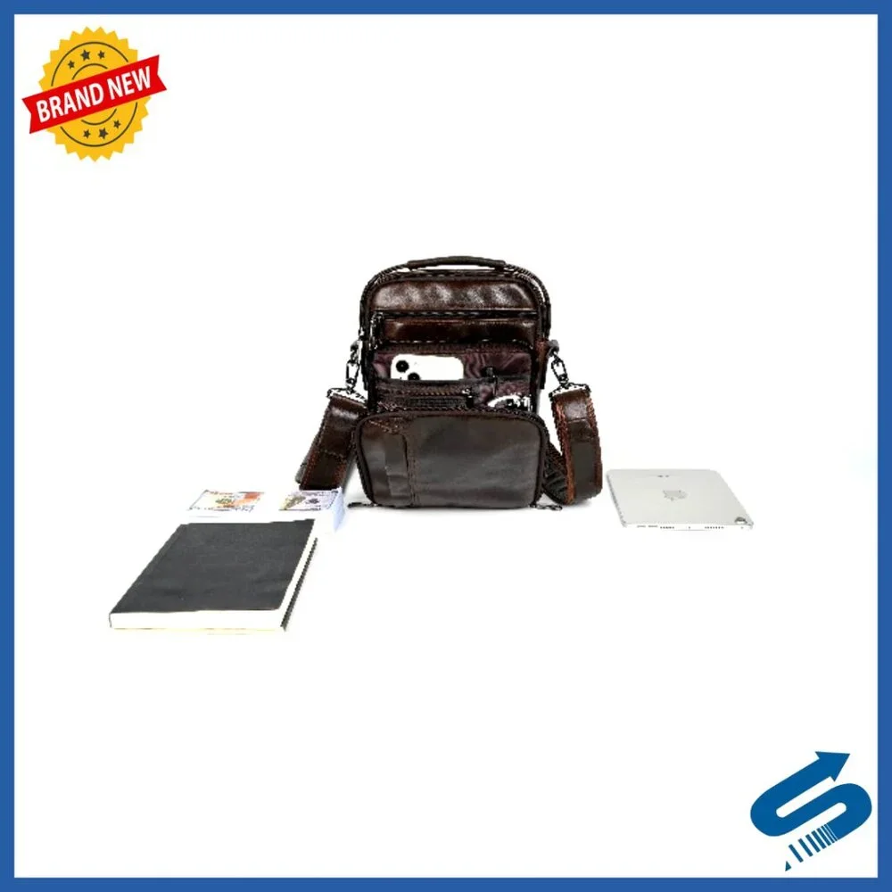 Genuine Leather Messenger Bag, Adjustable Strap, 6 Pockets, Travel Organizer